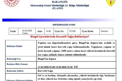 Bingöl için kuvvetli yağış uyarısı