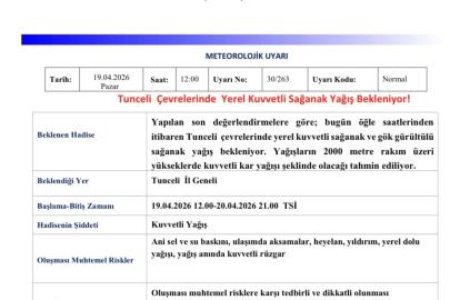Meteorolojiden Tunceli için sağanak yağış uyarısı